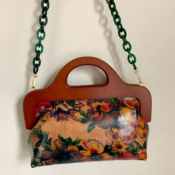 Handmade Genuine Leather Floral Print Large Wooden Frame Bag with 2 Chain styles - Picture 10 of 16